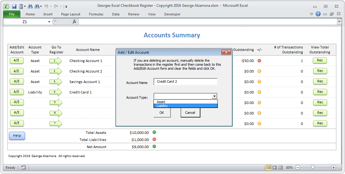Checkbook spreadsheet add accounts