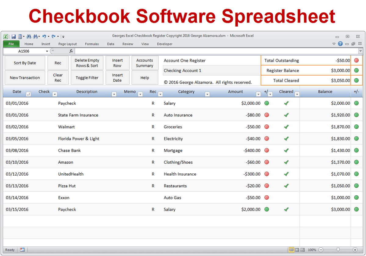 Checkbook Program Best Selling Checkbook App Spreadsheet - Track and Reconcile in Excel ...