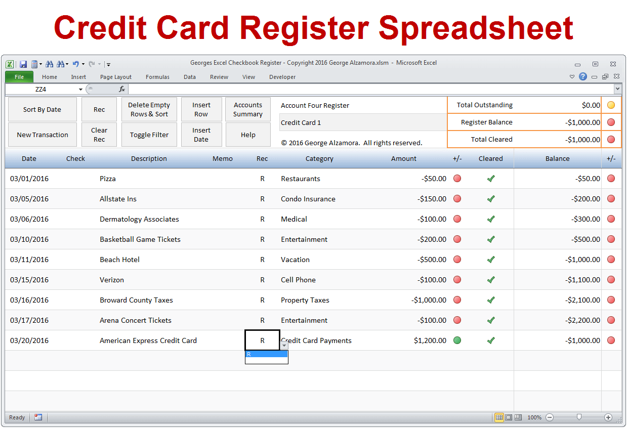 Excel checkbook register template for credit card accounts