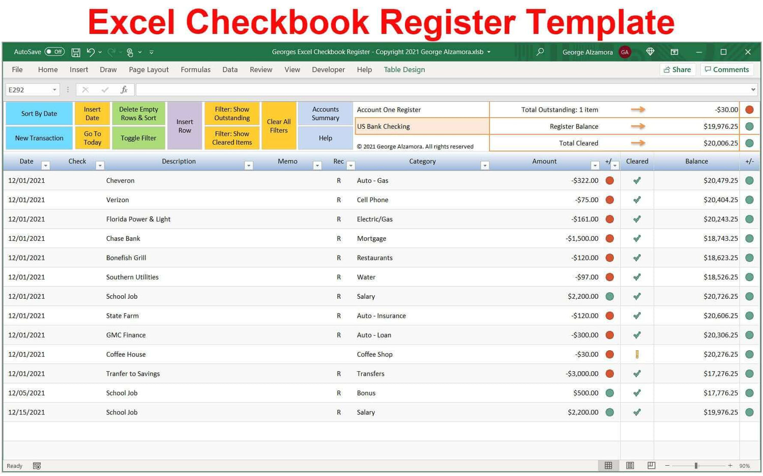 Excel checkbook register template
