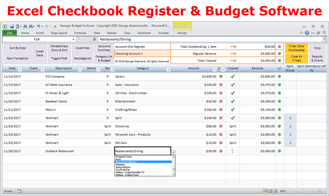 Excel Checkbook Register Spreadsheet – BuyExcelTemplates.com