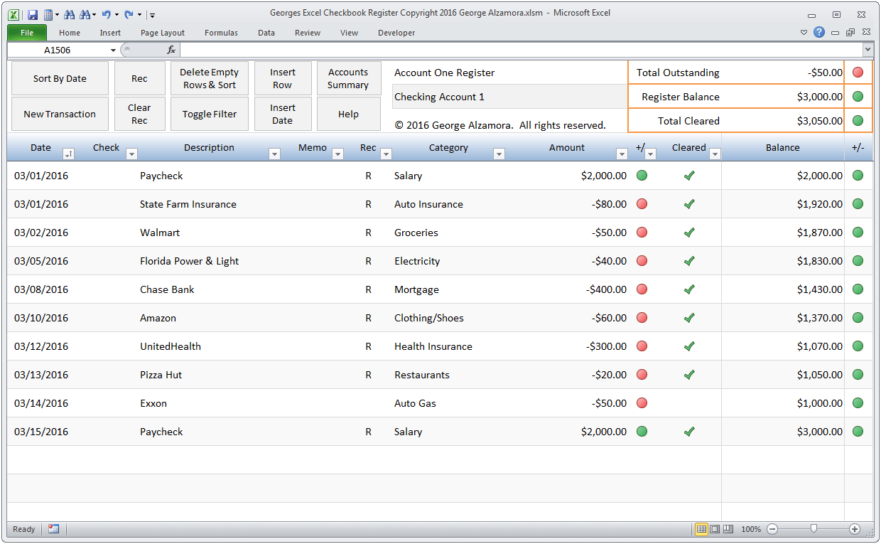 Excel Checkbook Software Spreadsheet Register