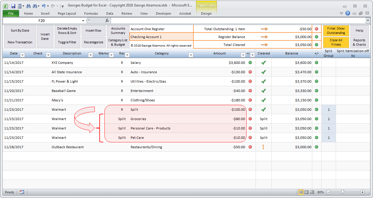 Excel Checkbook Register With Categories Split Transactions