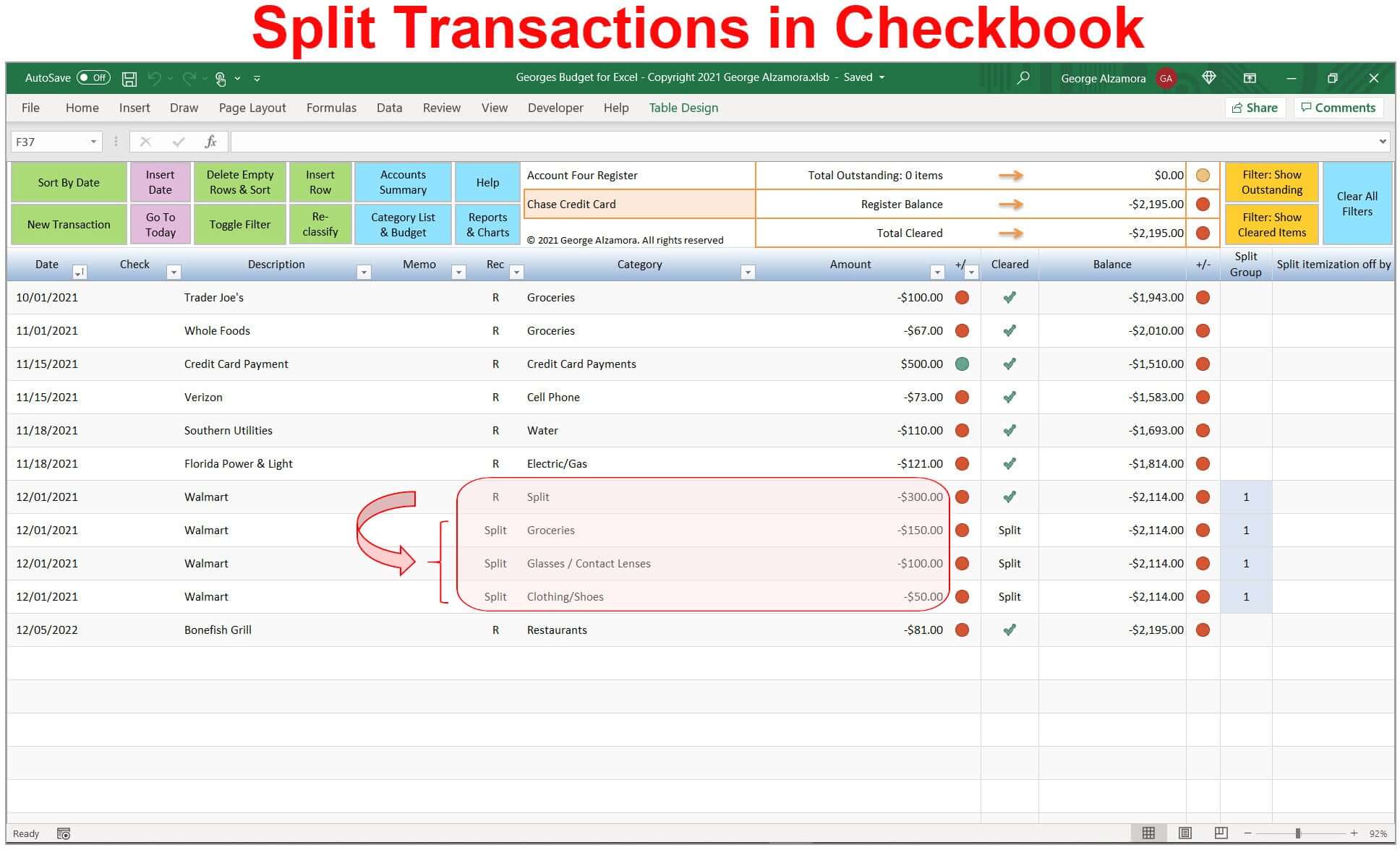 Split Transaction into Multiple Categories - Checkbook Register