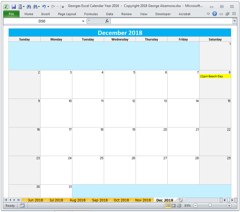 2018 Calendar Year in Excel Spreadsheet Printable Digital Download