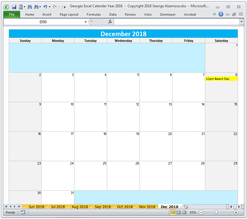 Excel December 2018 Monthly Calendar Spreadsheet Printable
