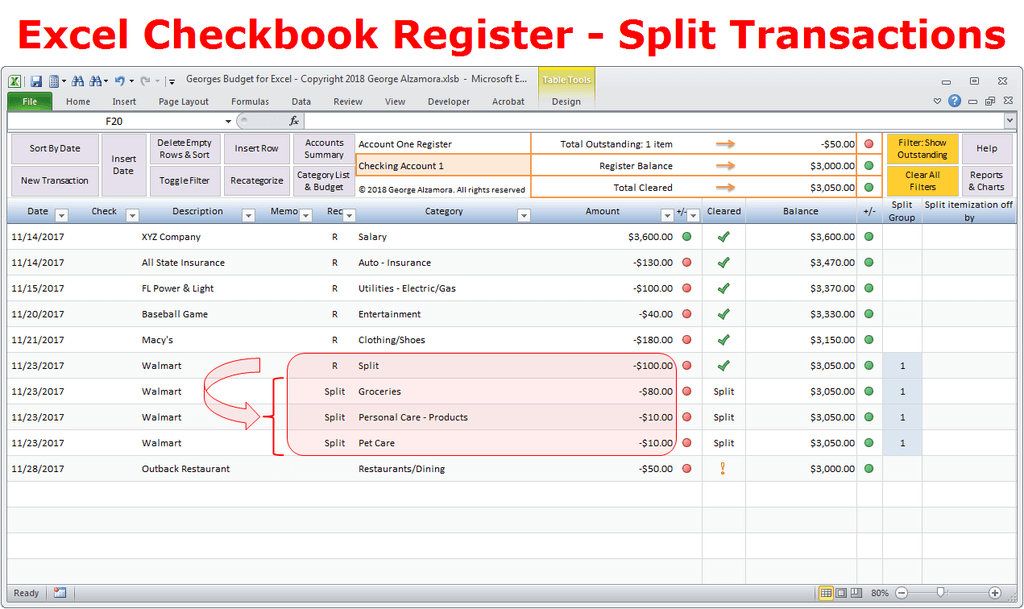 excel expense tracker split transactions multiple categories