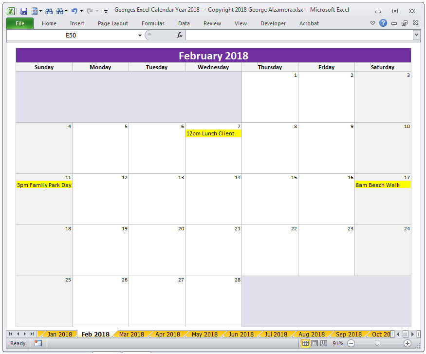 Excel February 2018 Monthly Calendar Spreadsheet Printable