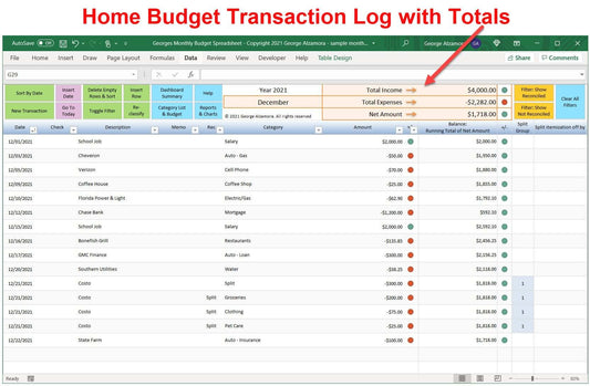 Excel home budget income expense worksheet register