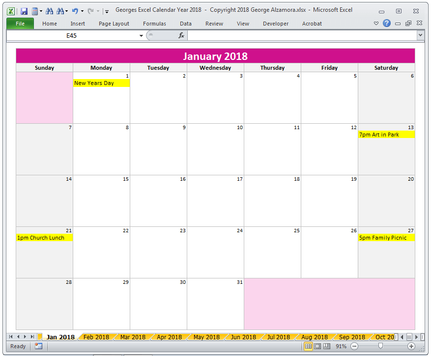 Excel January 2018 Monthly Calendar Spreadsheet Printable