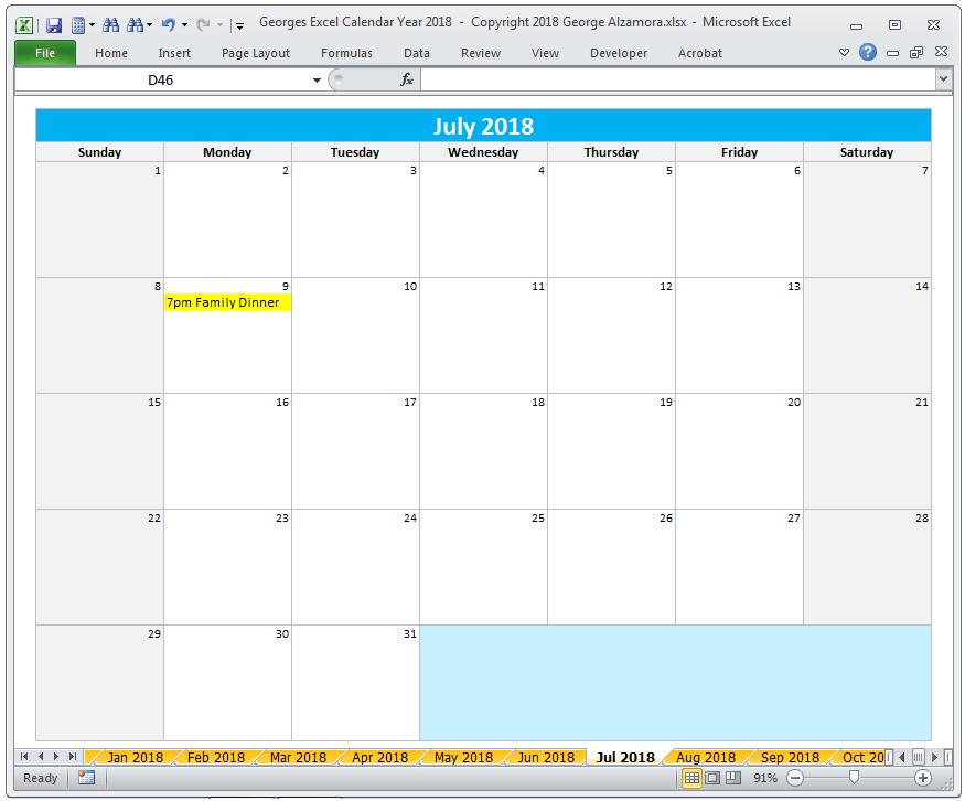 Excel July 2018 Monthly Calendar Spreadsheet Printable