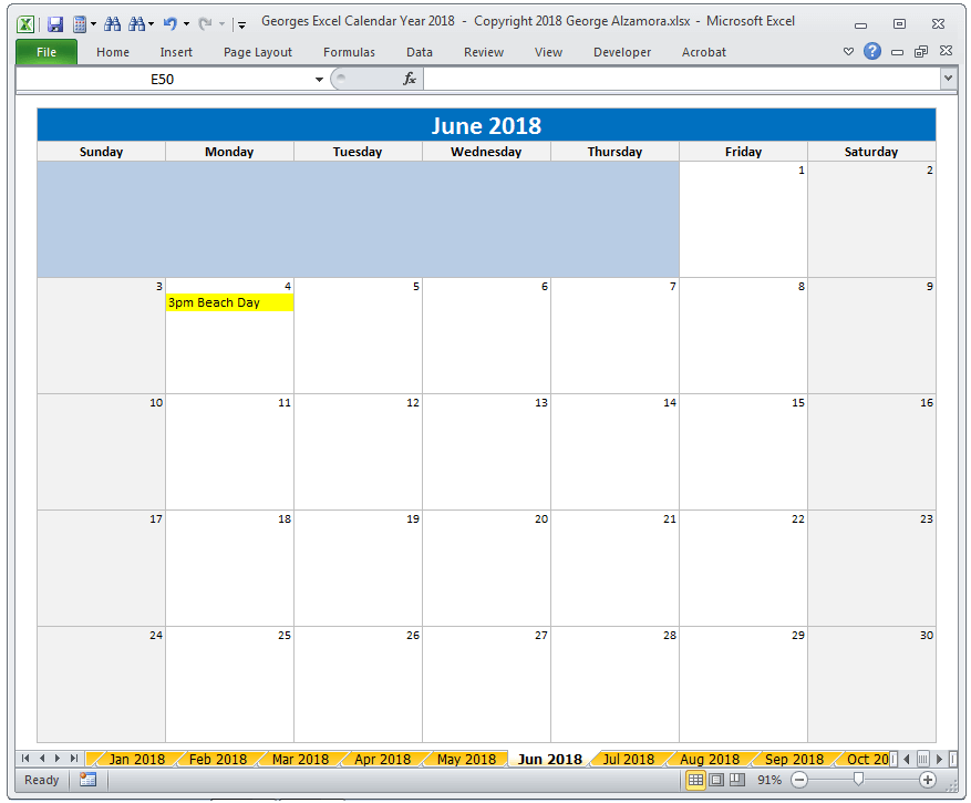 Excel June 2018 Monthly Calendar Spreadsheet Printable