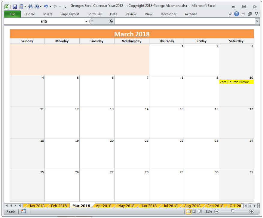 Excel March 2018 Monthly Calendar Spreadsheet Printable