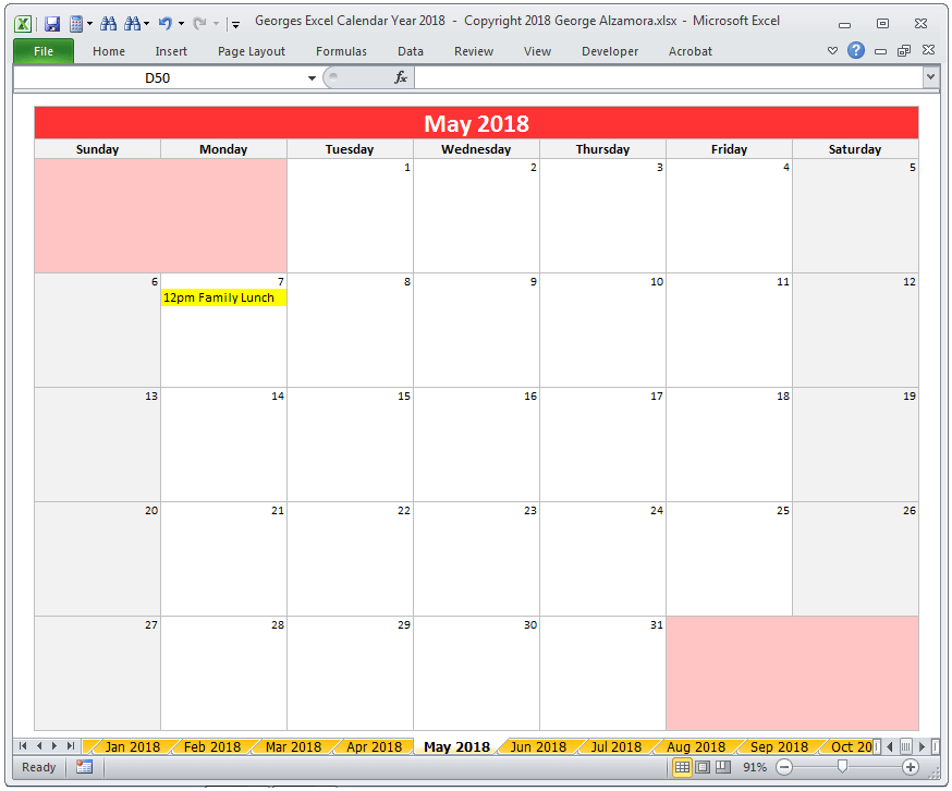 Excel May 2018 Monthly Calendar Spreadsheet Printable