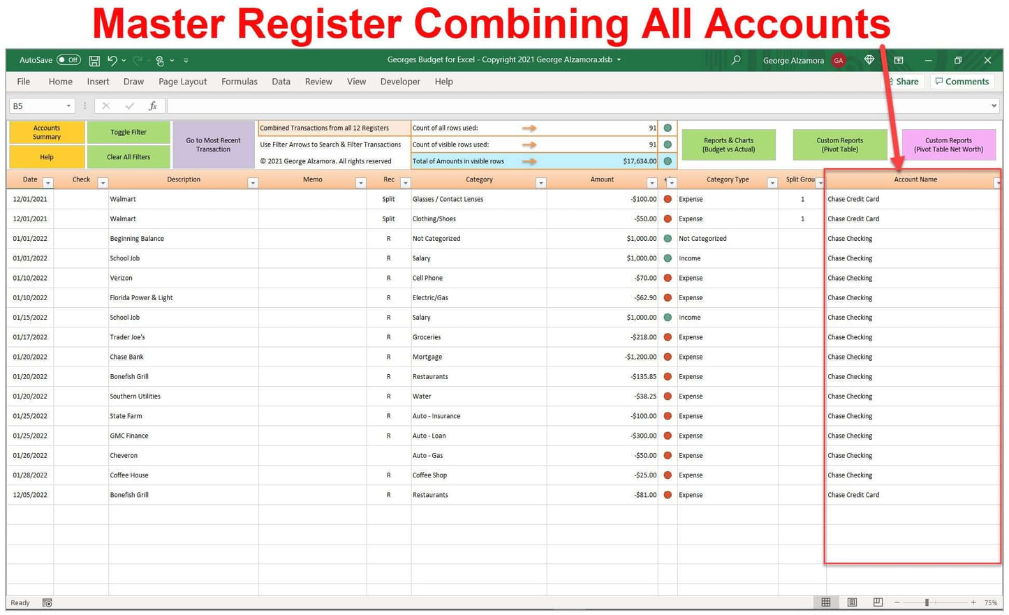 Excel money manager master register