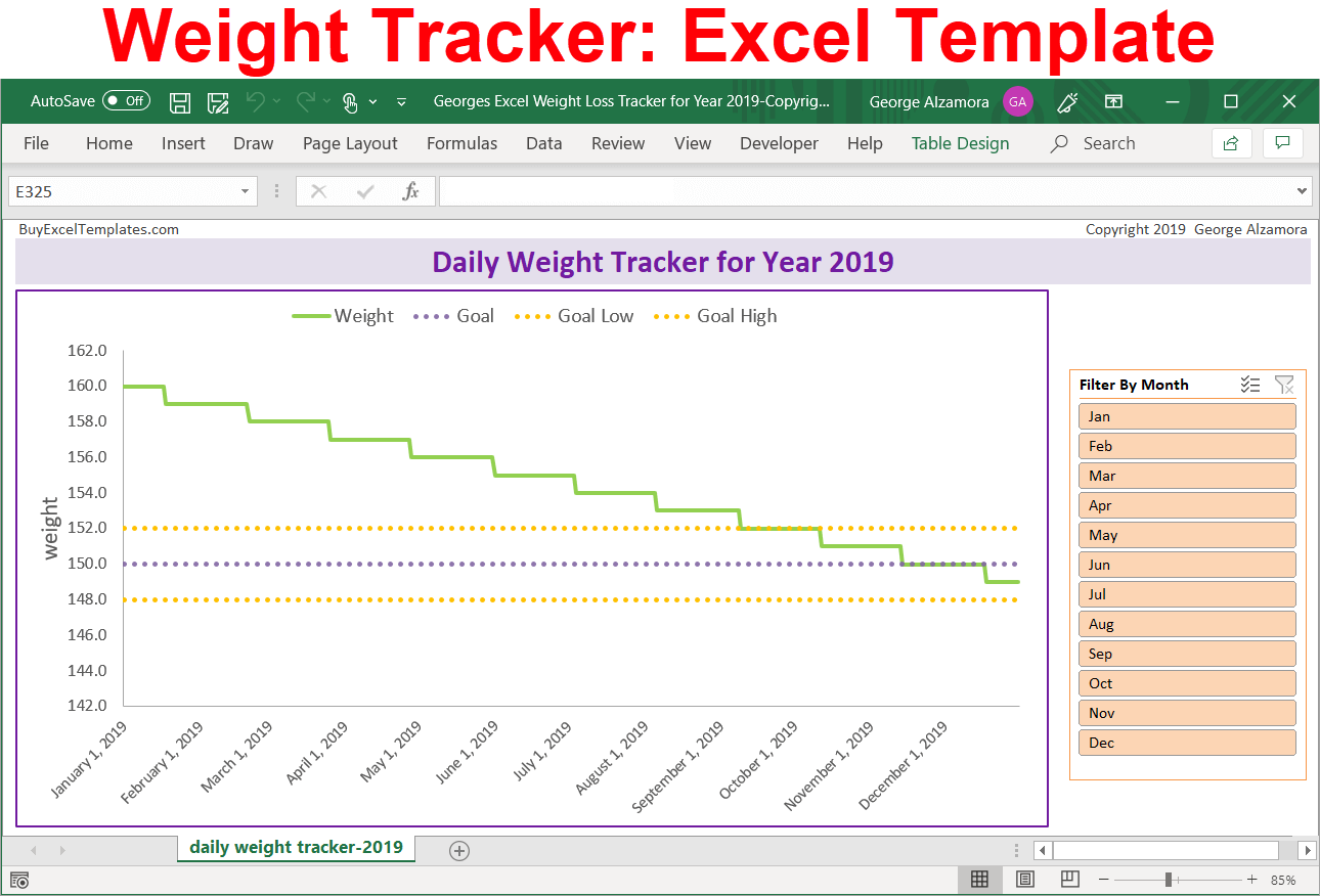 Excel monitor weight loss in year 2019
