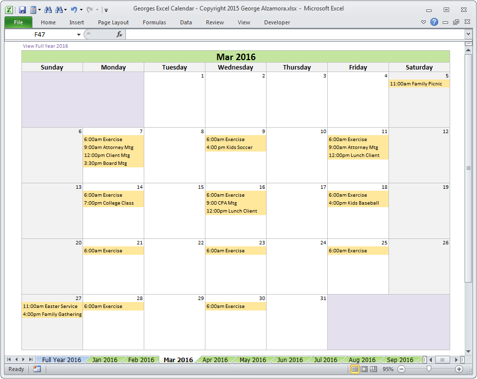 Year 2016 Monthly Calendar Excel Template