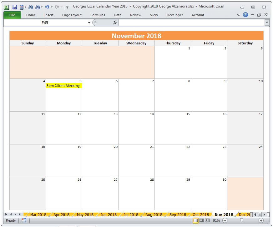 Excel November 2018 Monthly Calendar Spreadsheet Printable