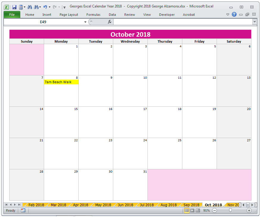 Excel October 2018 Monthly Calendar Spreadsheet Printable