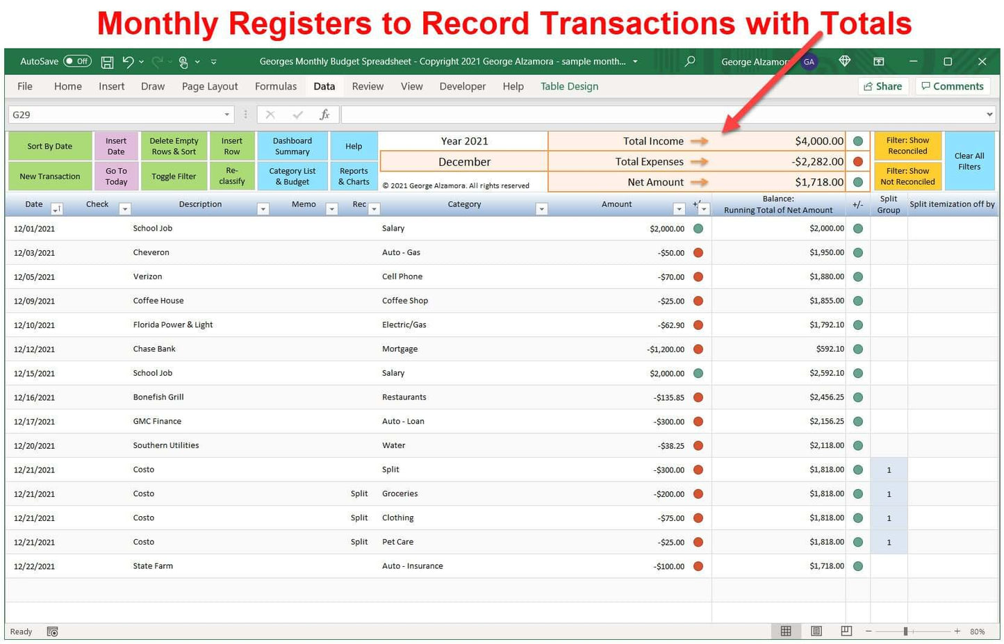 Excel register income expense transaction template