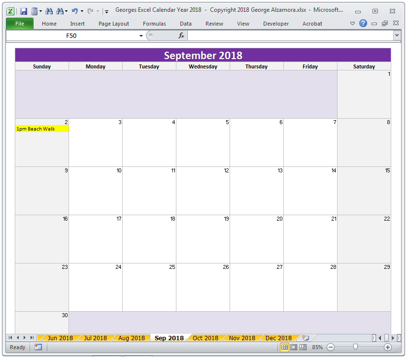 Excel September 2018 Monthly Calendar Spreadsheet Printable