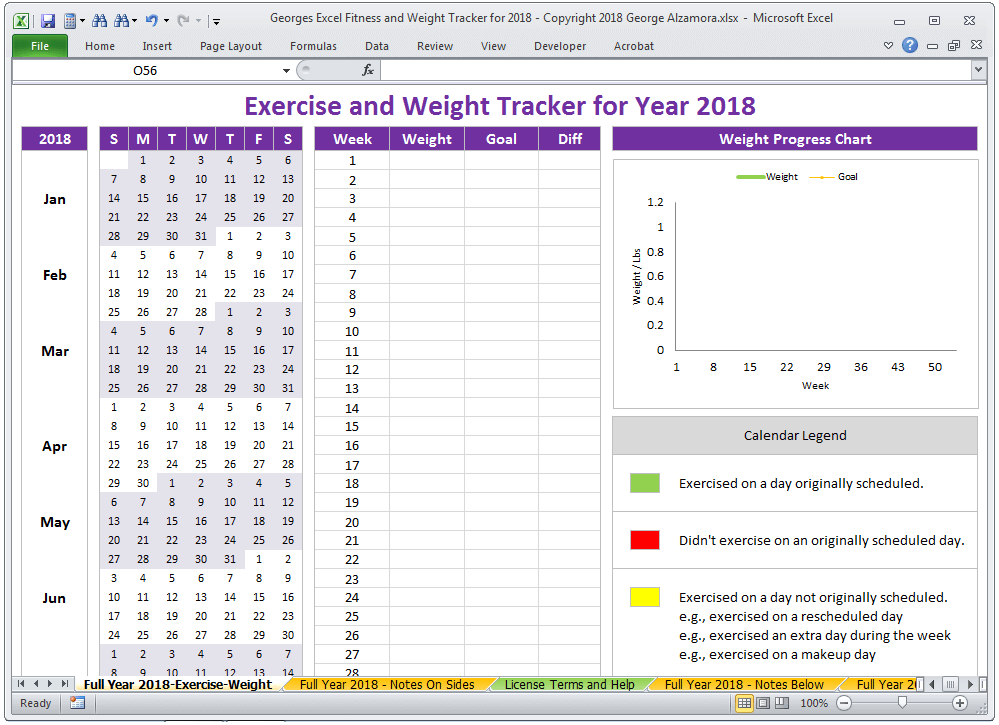 Excel Weight Tracker Fitness Planner Spreadsheet Year 2018