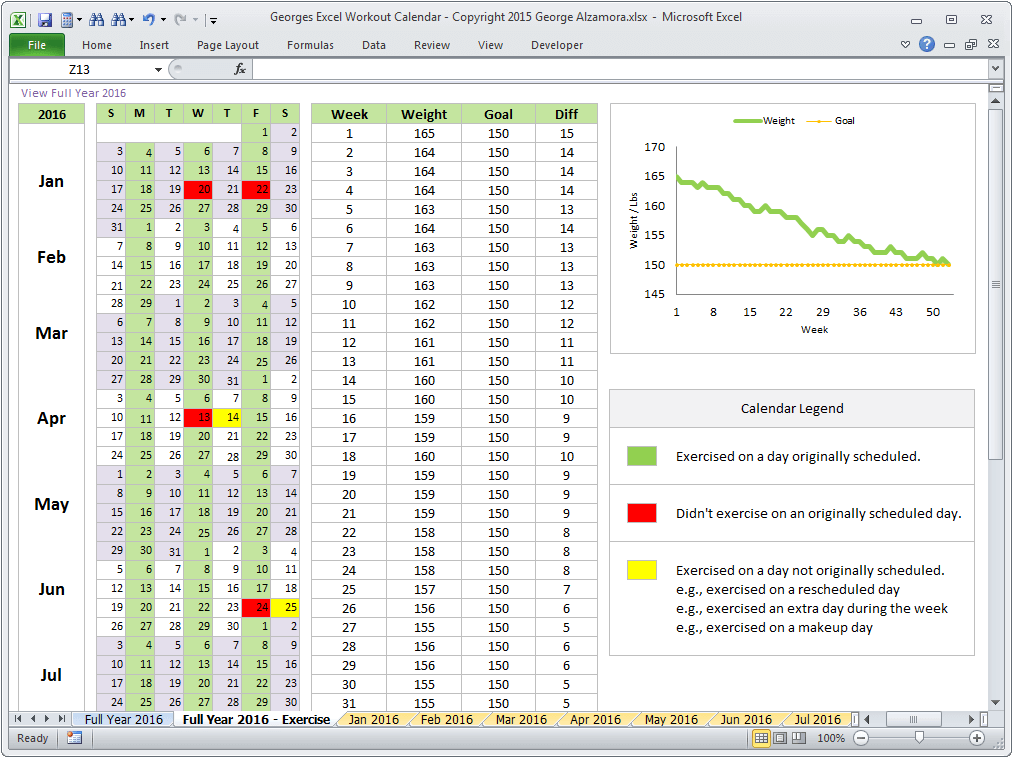 Excel Workout Calendar With Weight Tracking