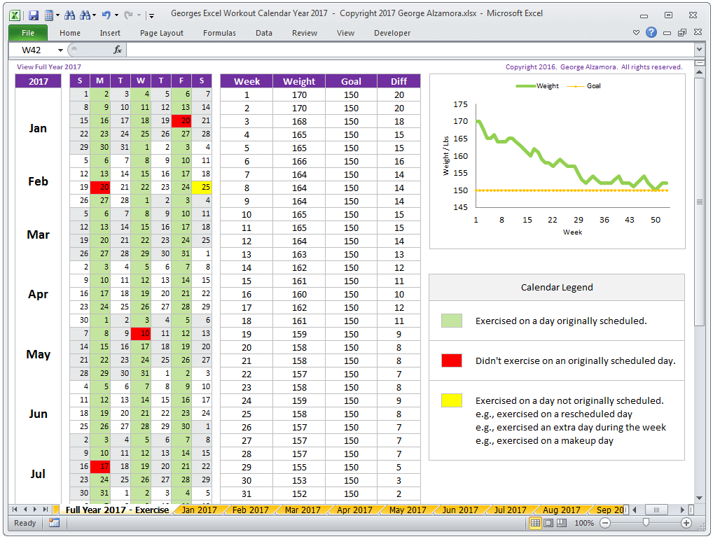 Year 2017 excel workout calendar weight tracker spreadsheet