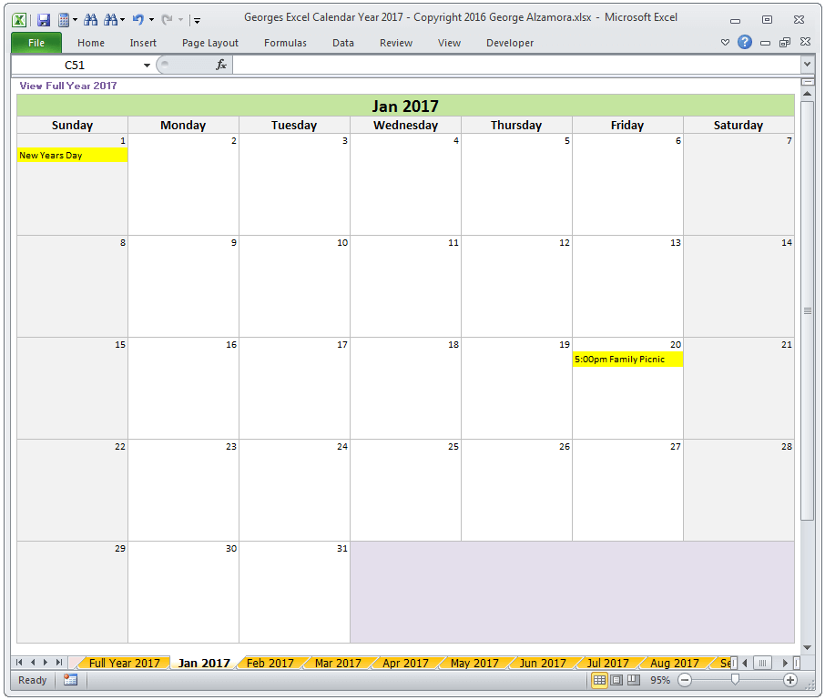 Excel Calendar Year 2017 Spreadsheet Template