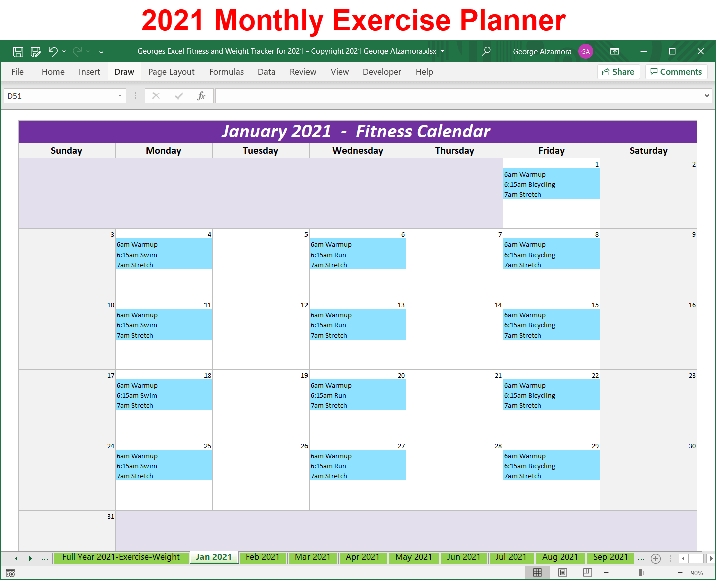 Excel year 2021 workout planner