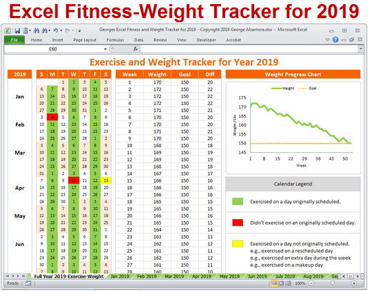 Exercise planner weight loss tracker for year 2019 excel template
