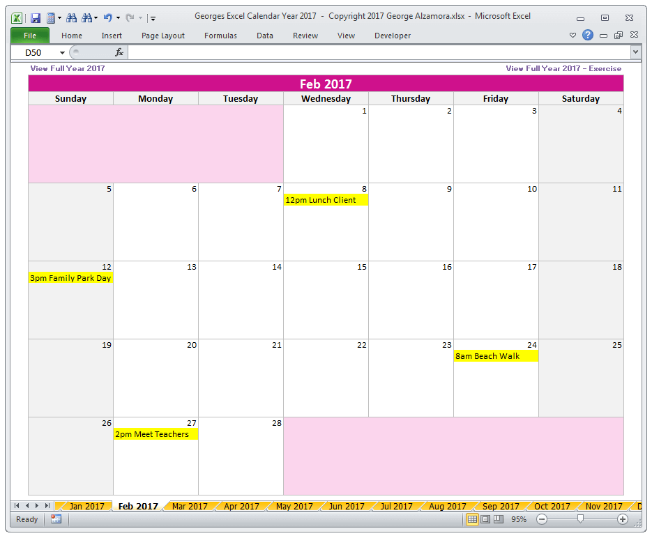 February 2017 Calendar - Monthly Yearly Excel Spreadsheet