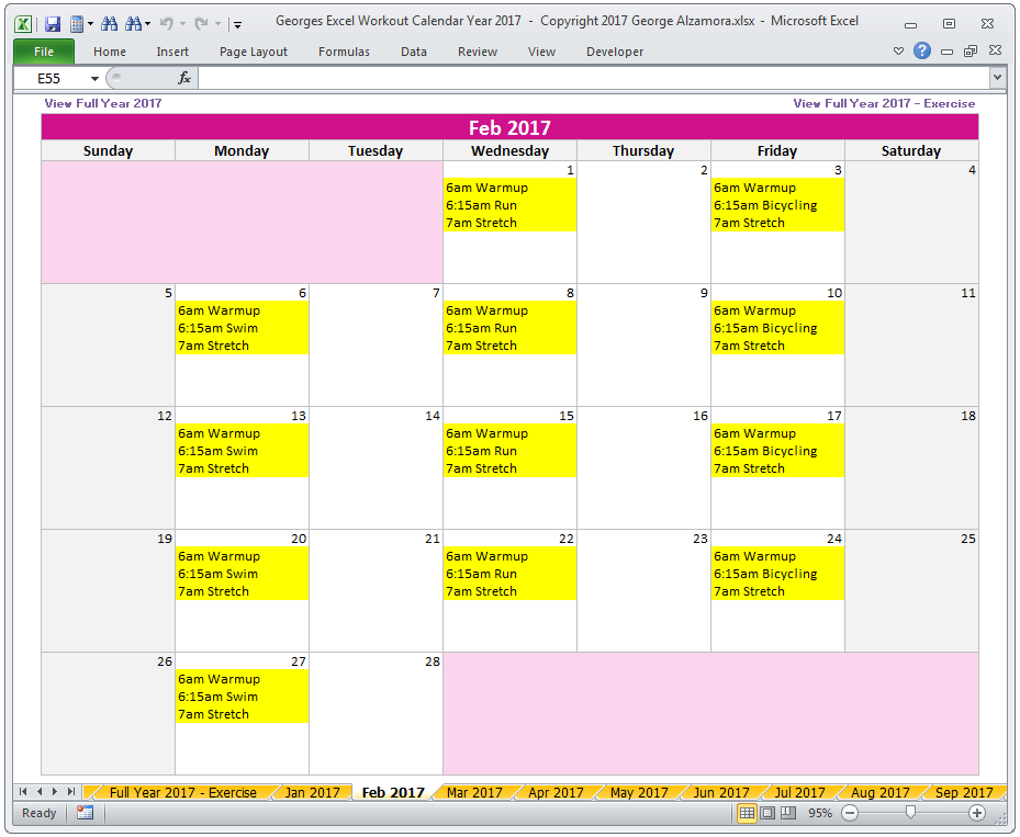 February 2017 monthly exercise calendar spreadsheet