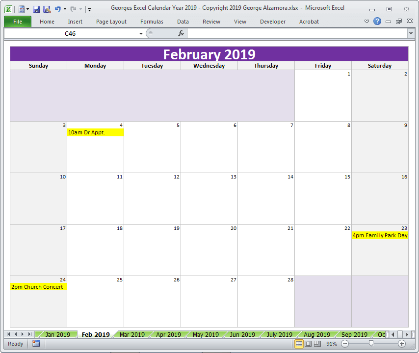 February 2019 Calendar Printable Monthly Excel Templates