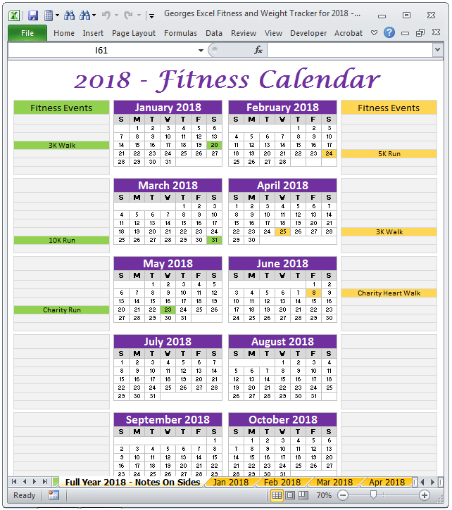 Fitness Calendar Activites Log Spreadsheet