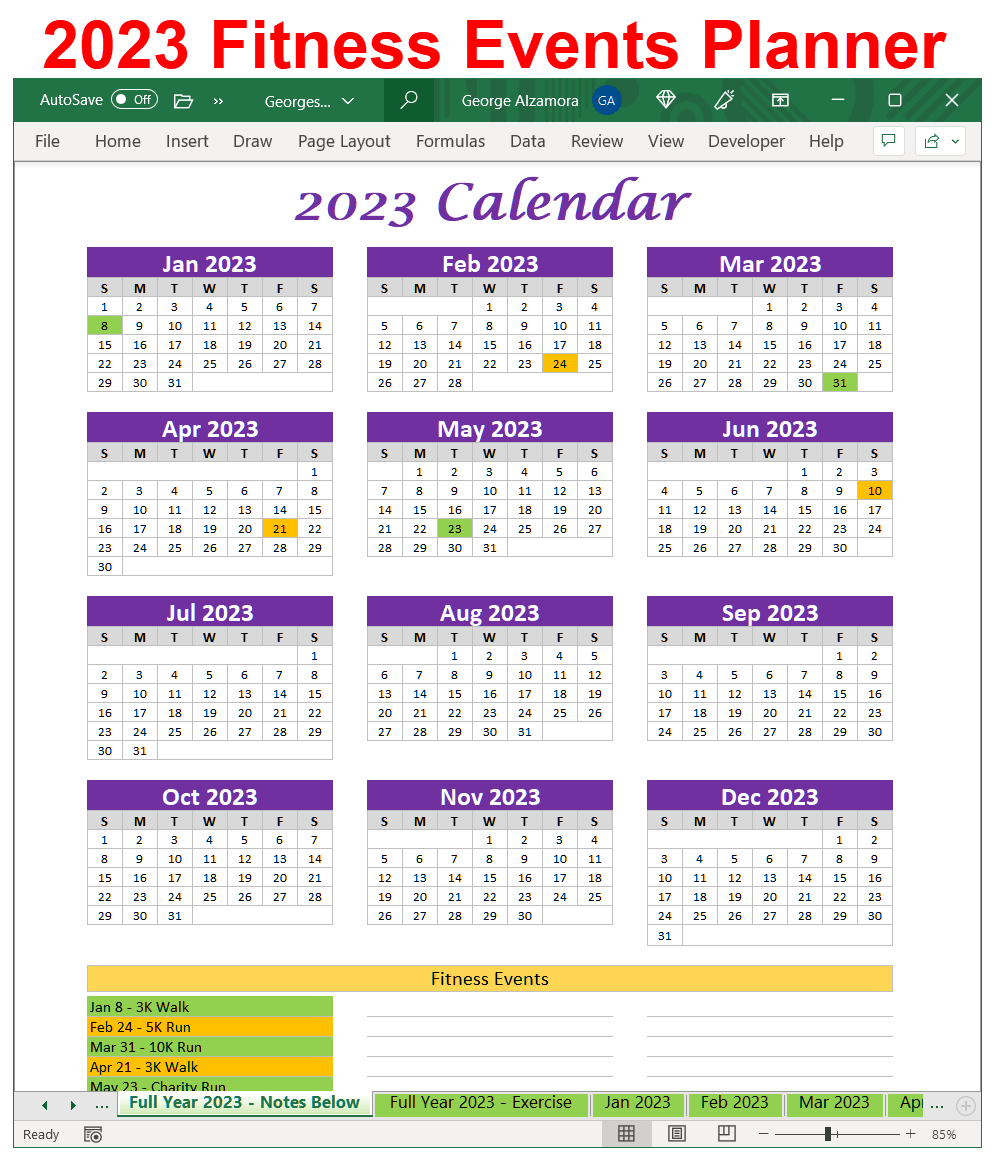 Fitness Events Planner Calendar Year 2023
