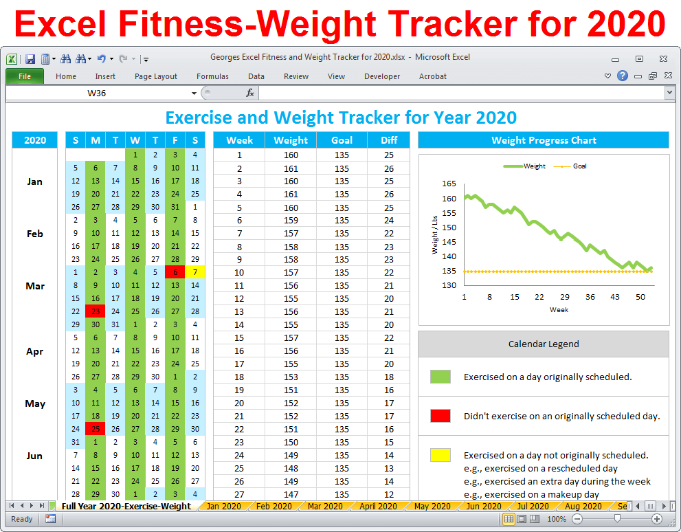 Workout and Weight Loss Tracker for year 2020 - Excel Spreadsheet Printable