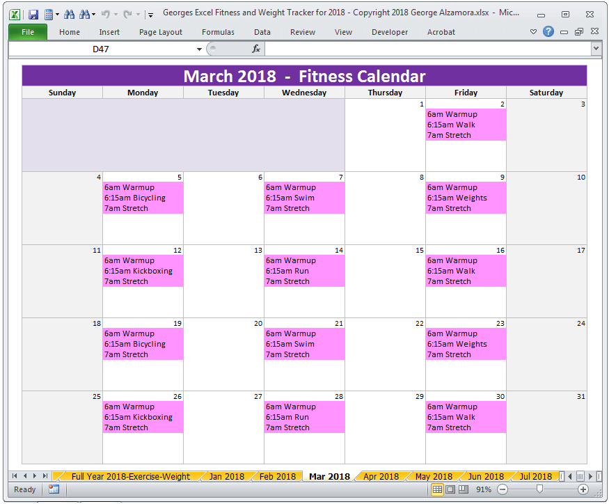 Fitness Tracker Excel Spreadsheet Template Year 2018