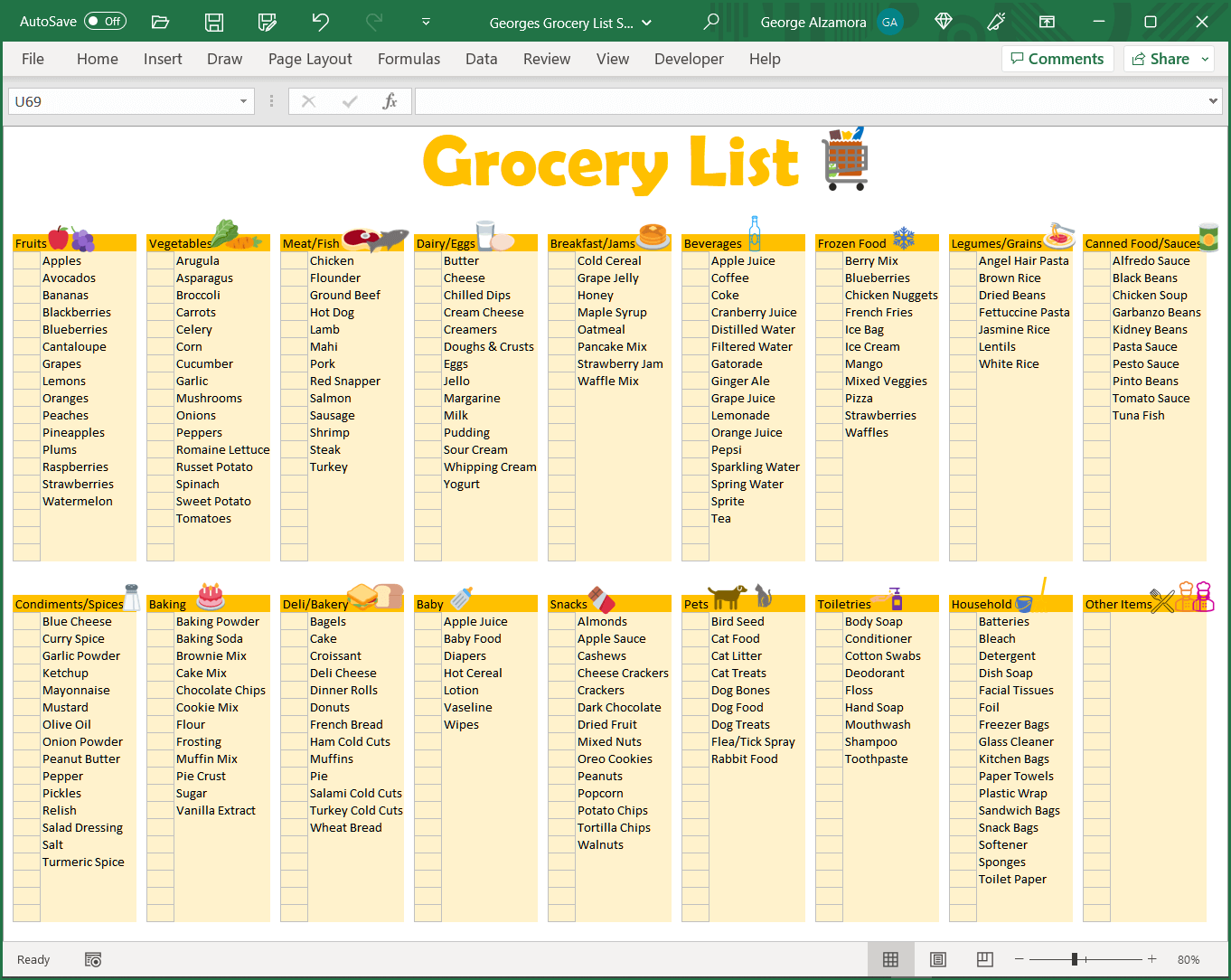 Food Shopping List Excel Spreadsheet