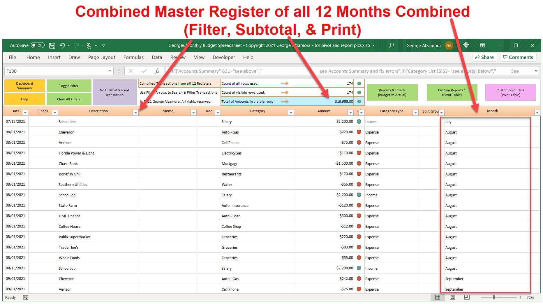 Household budgeting master register spreadsheet