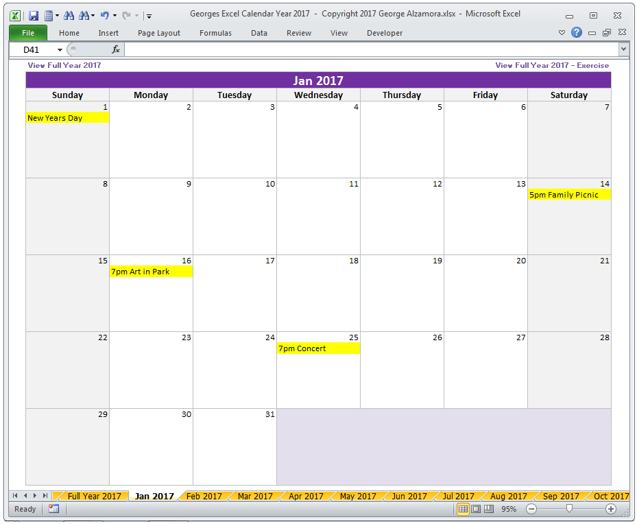 January 2017 Calendar - Monthly Yearly Excel Spreadsheet