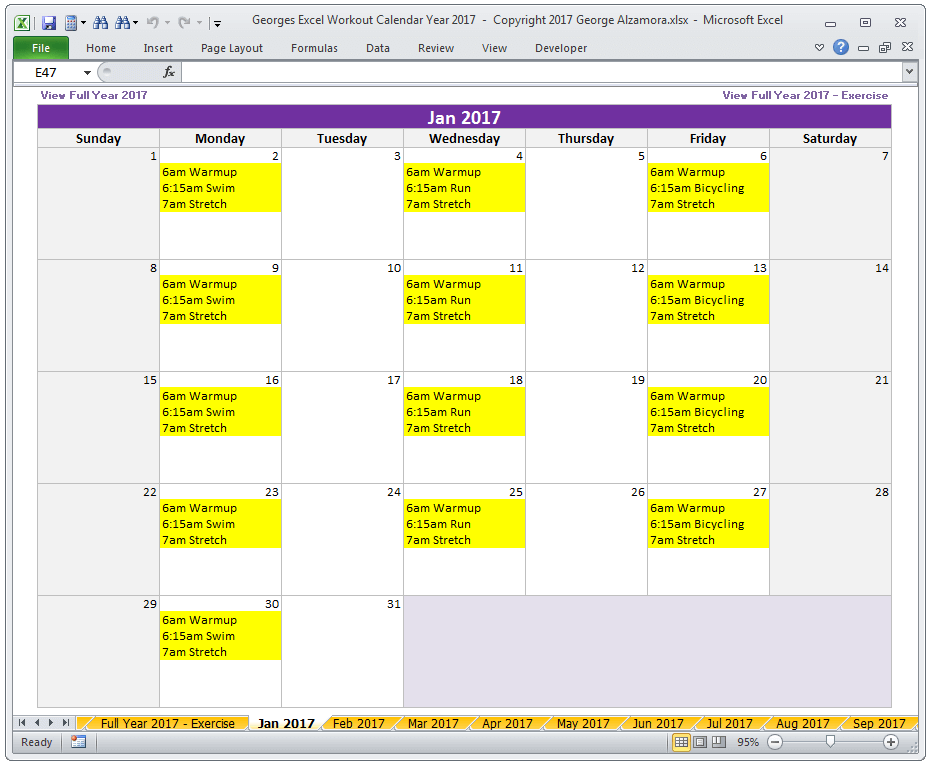 January 2017 monthly exercise calendar spreadsheet