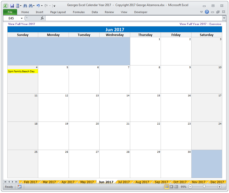 June 2017 Calendar - Monthly Yearly Excel Spreadsheet