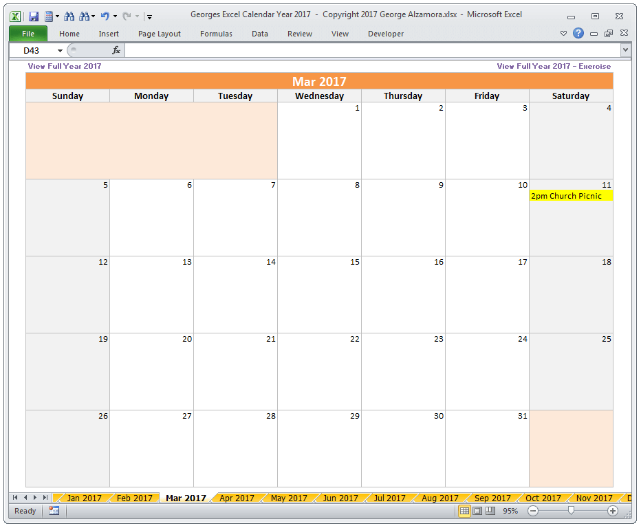 March 2017 Calendar - Monthly Yearly Excel Spreadsheet