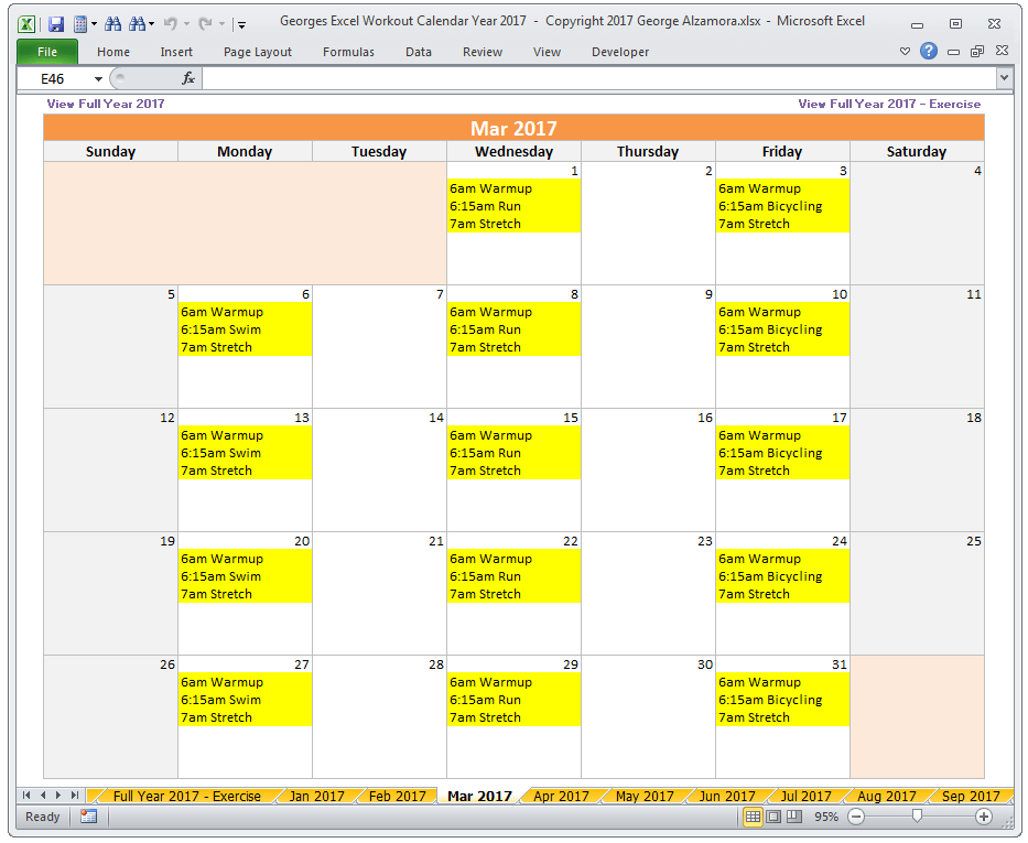 March 2017 monthly exercise calendar spreadsheet