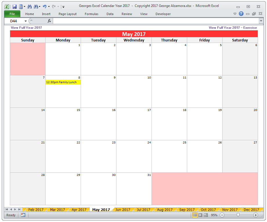 May 2017 Calendar - Monthly Yearly Excel Spreadsheet