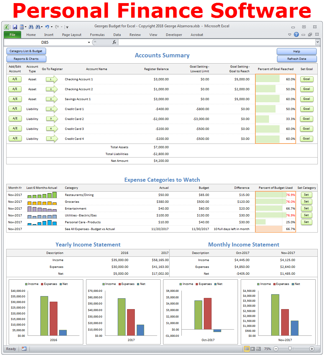 Personal Finance Software - Excel Spreadsheet