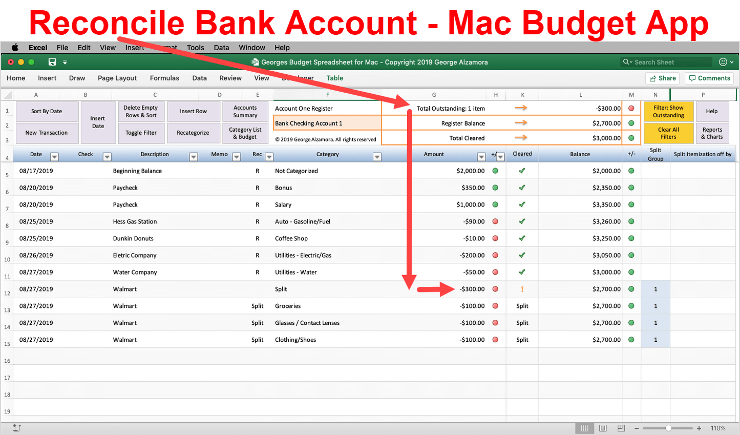 Reconcile bank account checkbook: Mac budget app