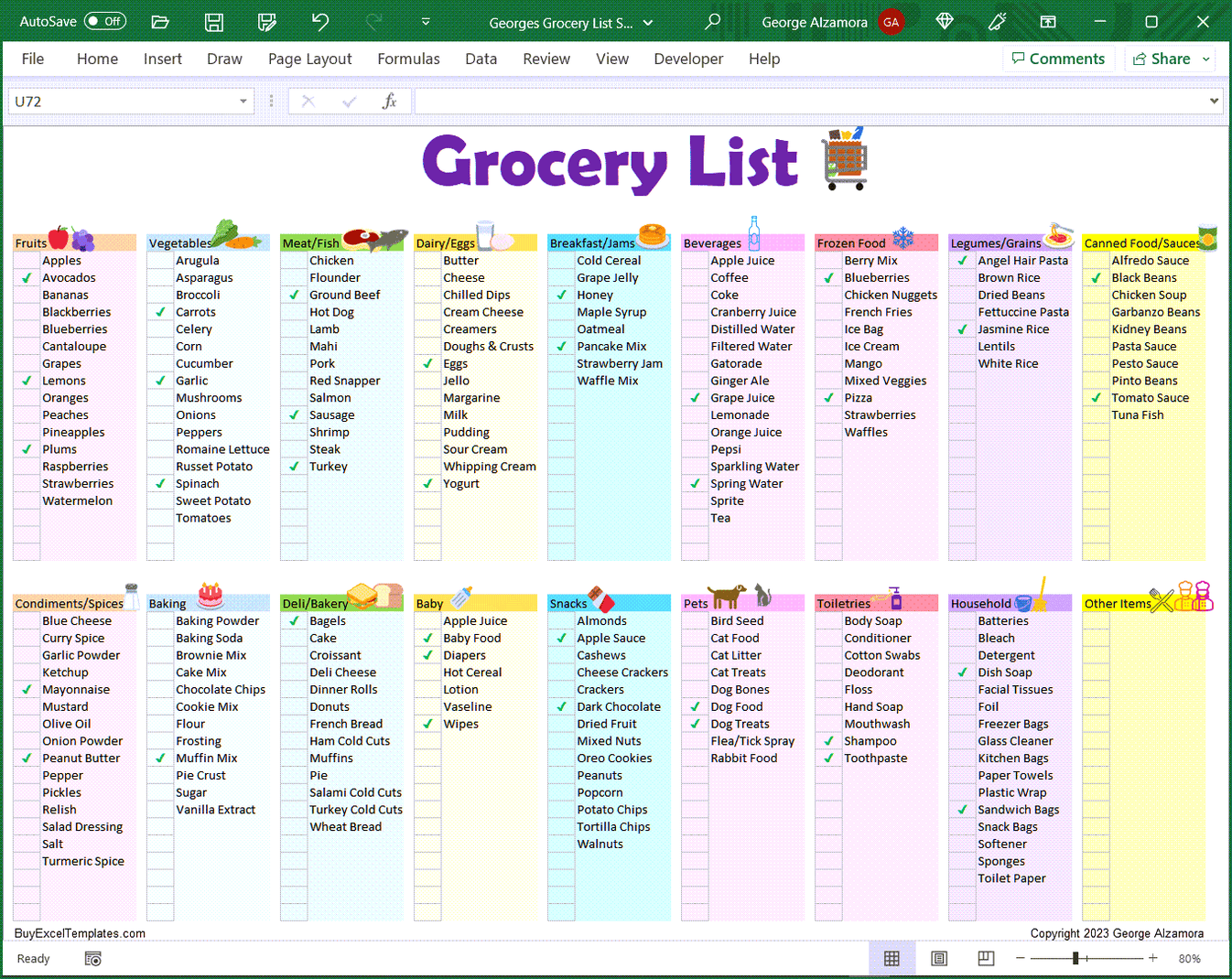 Grocery List Spreadsheet Printable & Editable Food Shopping Planner