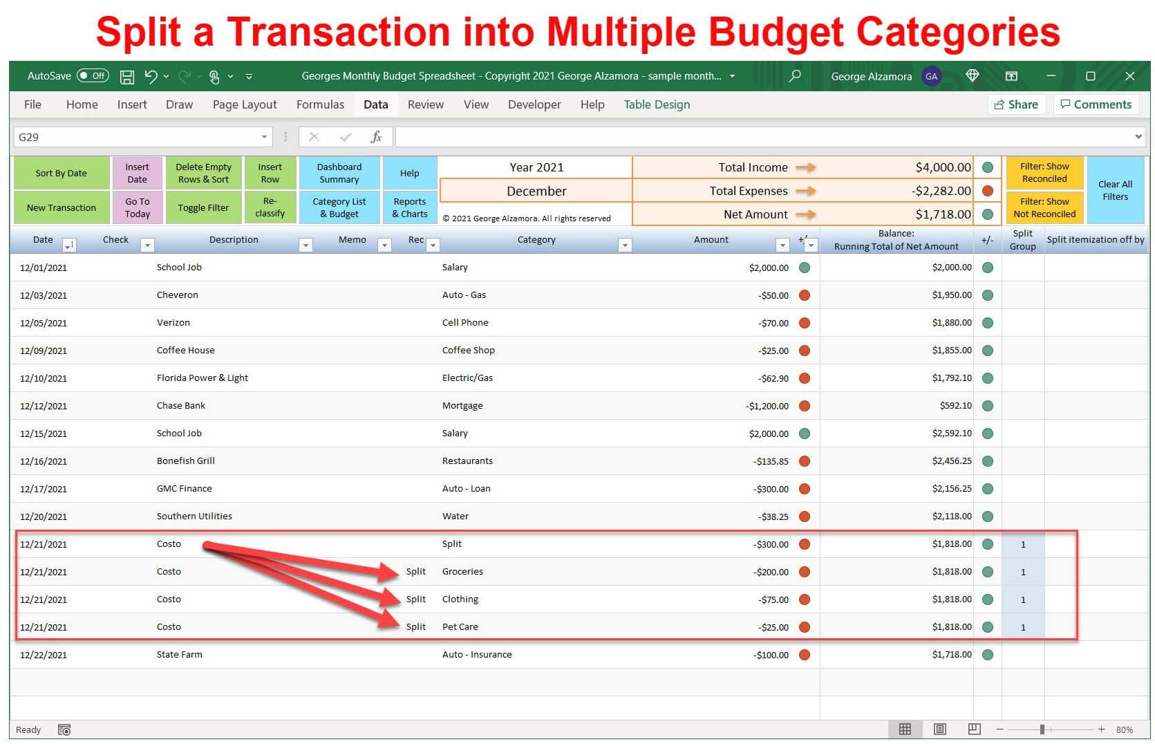 Split a transaction into multiple budget categories using Excel